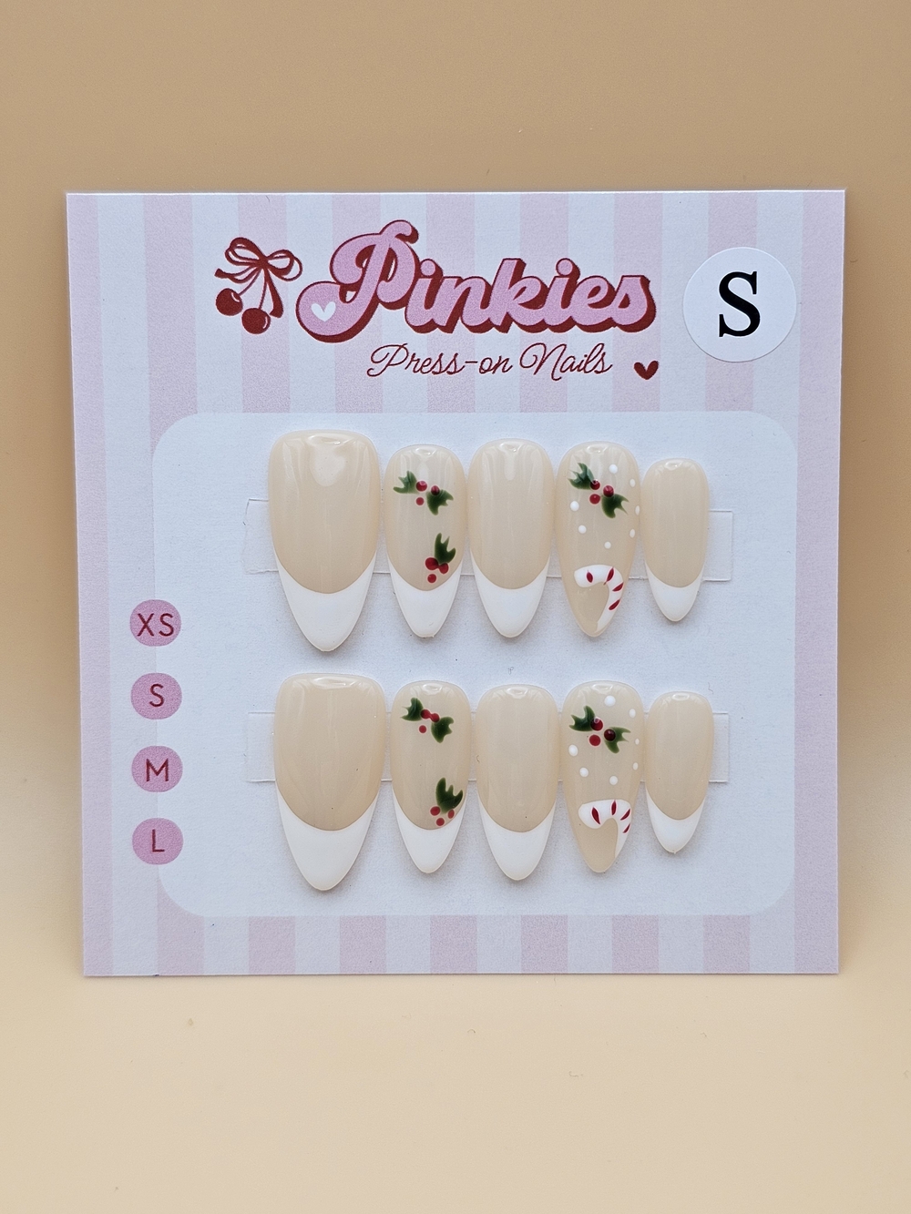 Press-on Nails Set 10pc Size S Almond White French Tips Christmas Holiday Red